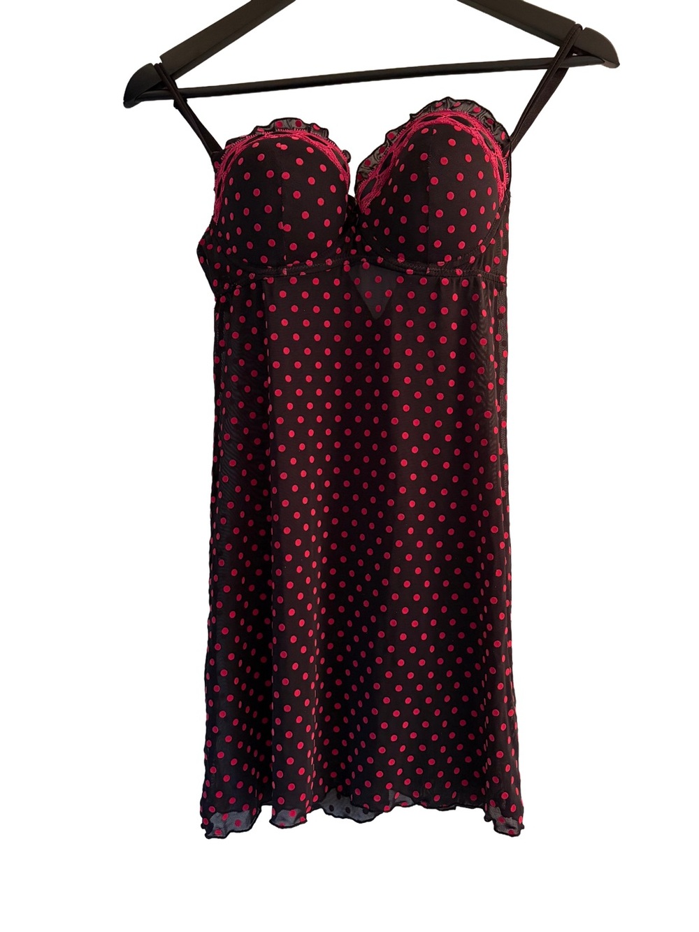 La Vie En Rose Vintage Y2K Hot Pink Polka Dot Mesh Babydoll Lingerie Slip Dress